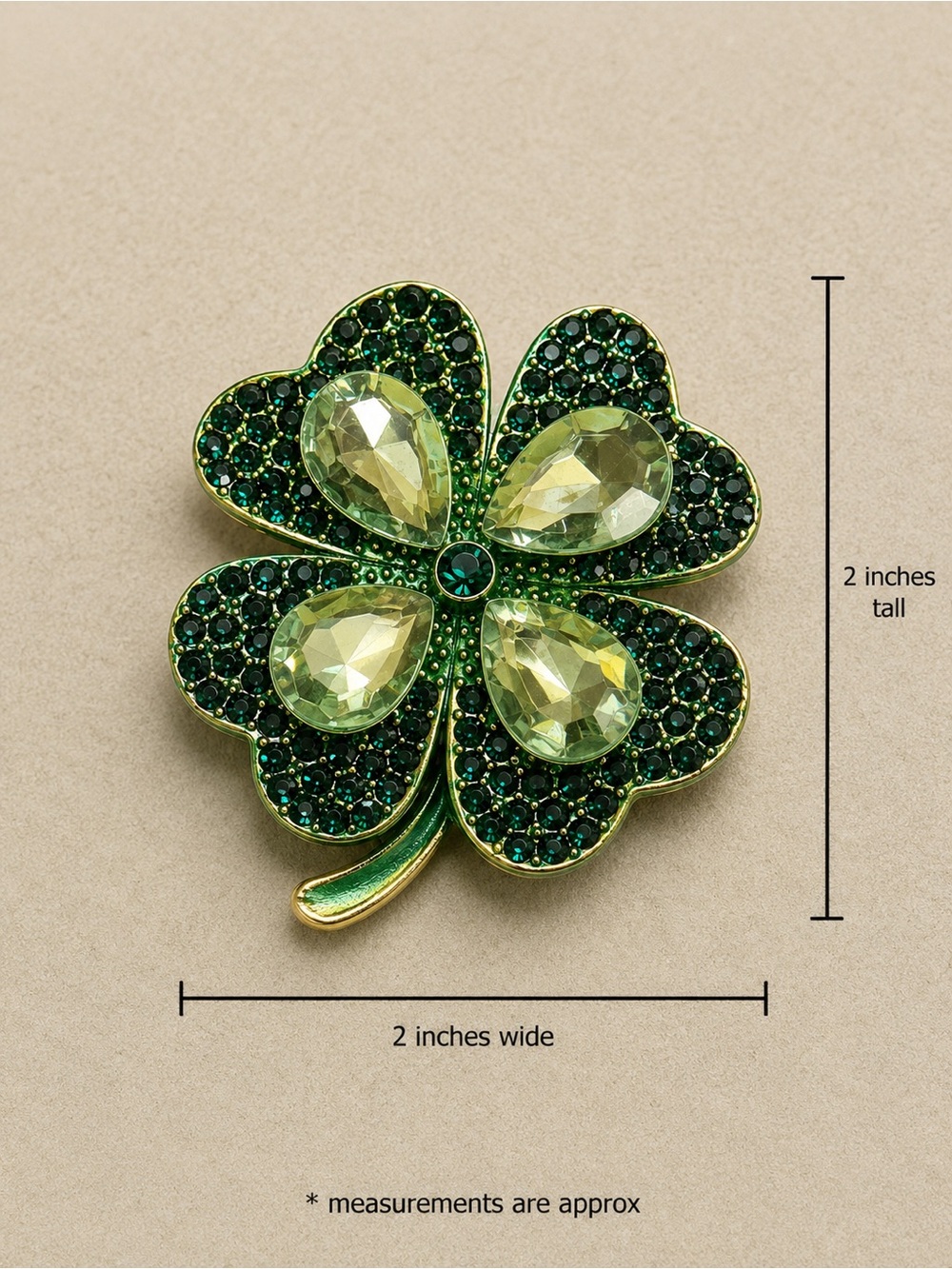Green Clover Crystal Brooch - Sparkling Four-Leaf Accent